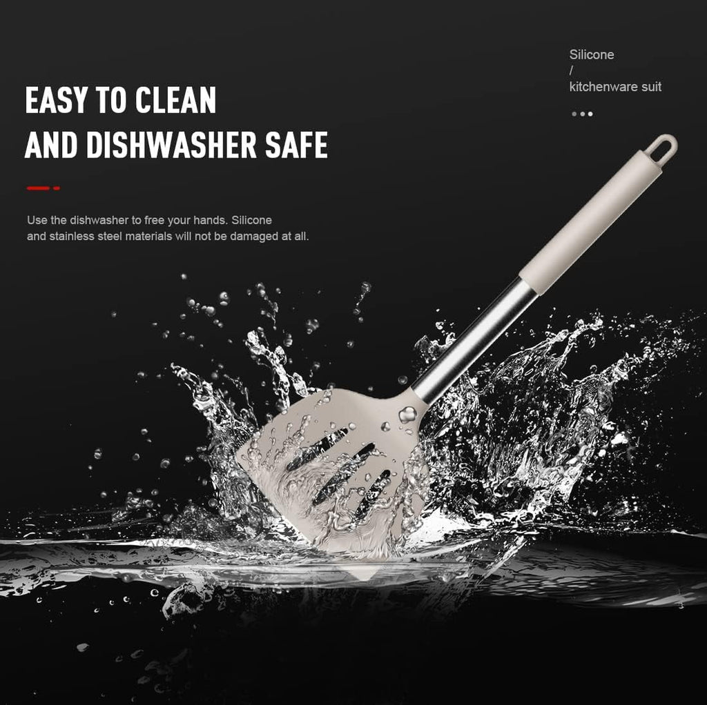 Heat-Resistant Large Silicone Cooking Utensils Set - Heat Resistant Kitchen Utensils,Turner Tongs,Spatula,Spoon,Brush,Whisk,Stainles... - Premium Stainless Steel Cooking Utensil for Non-Stick Pots Detail