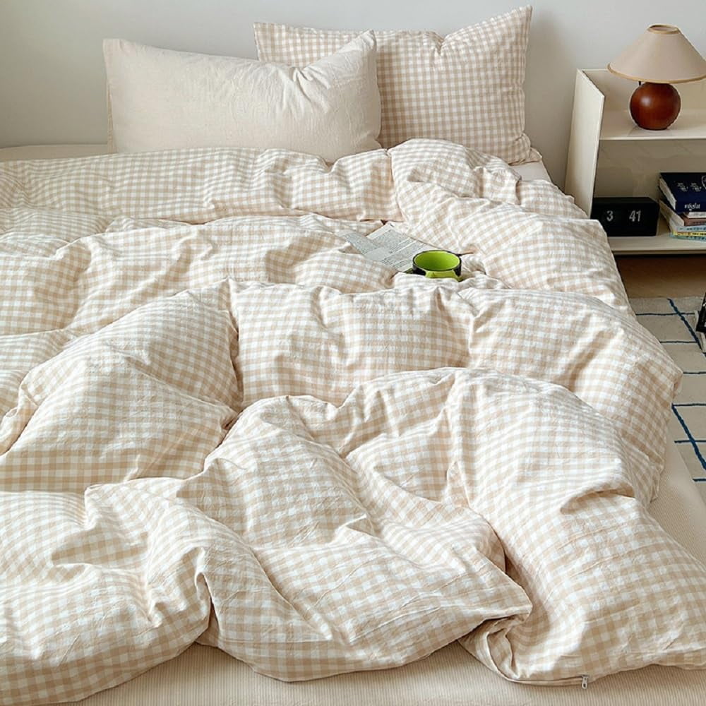 All-Season Soft Beige White Plaid Comforter Twin Sets, 2 Pieces Breathable Plaid Buffalo Checkered Comforter for All Season - All-Season Down Alternative Comforter Insert Detail