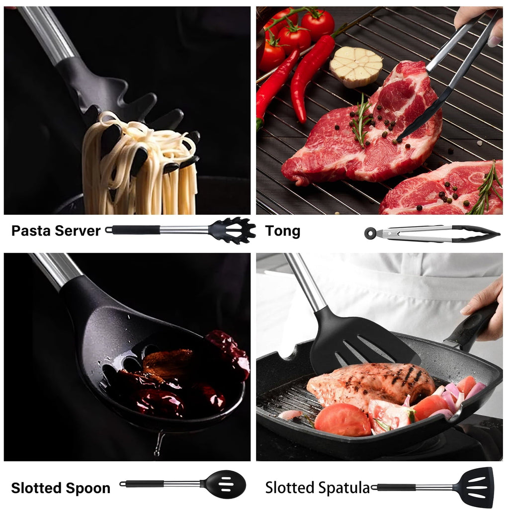 Ergonomic Cooking Silicone Cooking Utensils Set, 26 Pcs, Heat Resistant Kitchen Utensils Set, Black - Ergonomic Kitchen Tongs and Cooking Spoon Utensil Detail