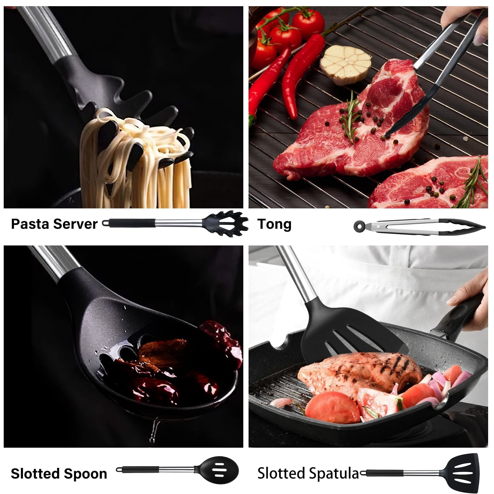 Ergonomic Cooking Silicone Cooking Utensils Set, 26 Pcs, Heat Resistant Kitchen Utensils Set, Black - Ergonomic Kitchen Tongs and Cooking Spoon Utensil Detail