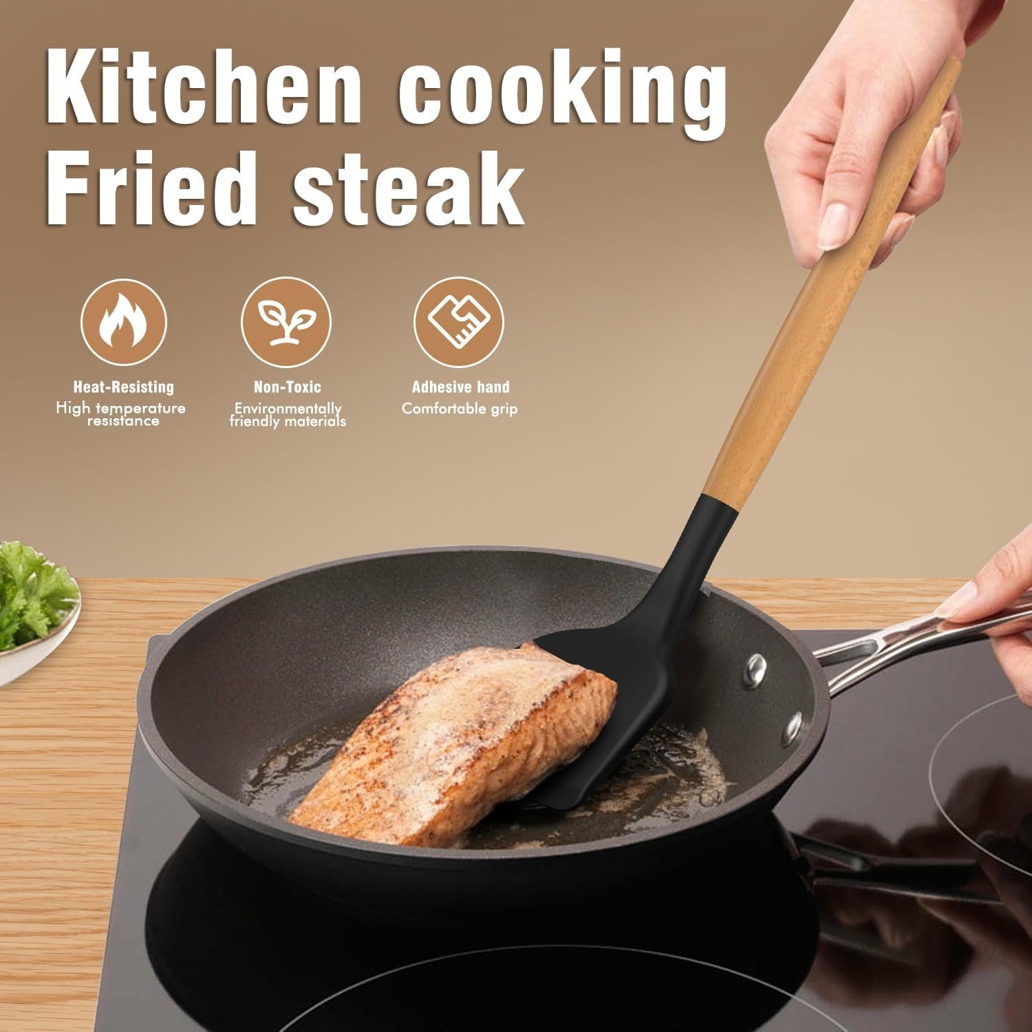 Seamless One-Piece Silicone Cooking Utensils Set - Silicone Kitchen Utensils for Cooking Wooden Handles, 446°F Heat Resistant Kitchen Ut... - Durable Turner & Ladle Utensil Set for Home Chefs Detail