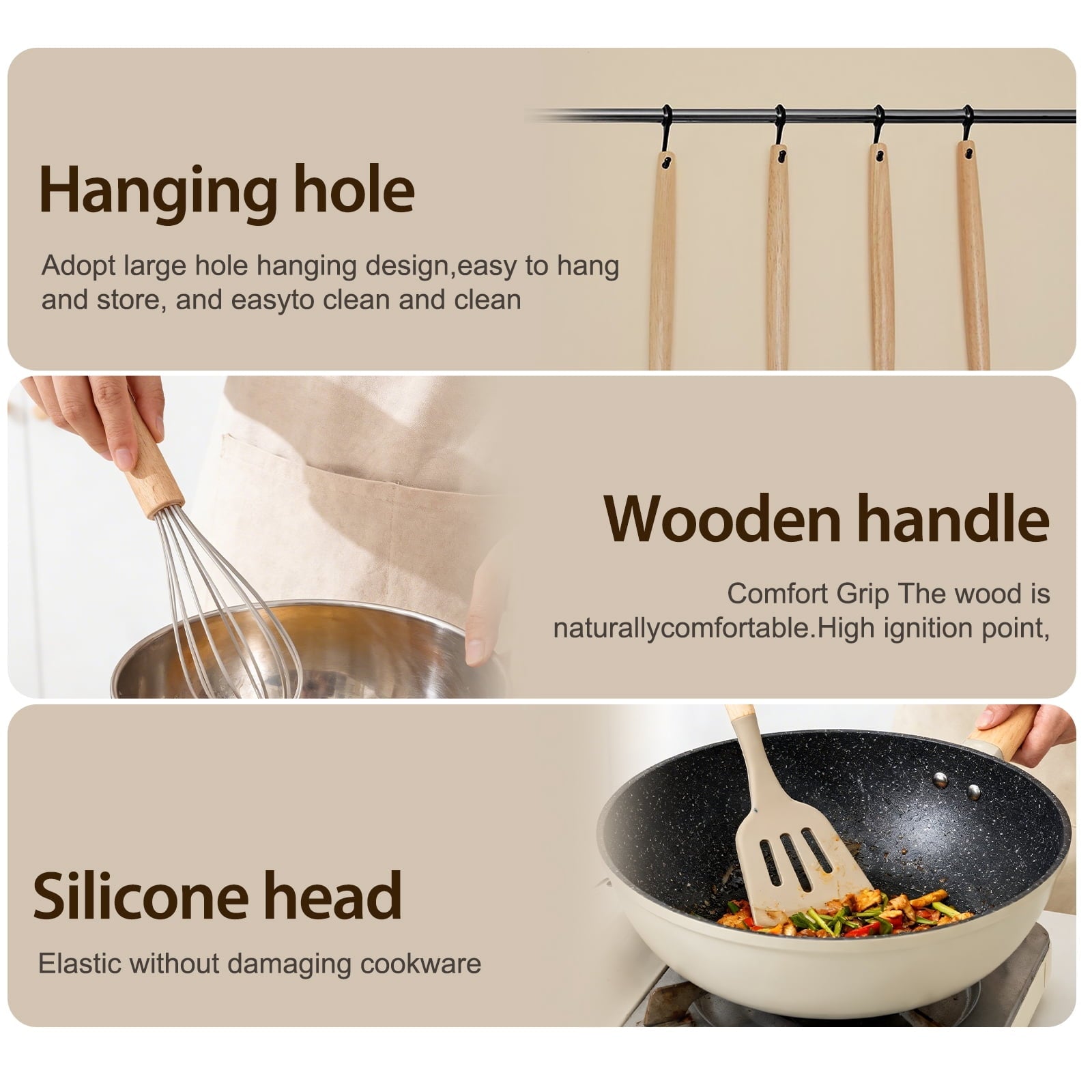 Heavy Duty Silicone Cooking Utensils Set, Heat Resistant Kitchen Tools, 36 PCS Non-Stick Silicone Cooking Kitchen Utensils, Khaki - Multi-Purpose Hand Tool for Daily Meal Prep Detail