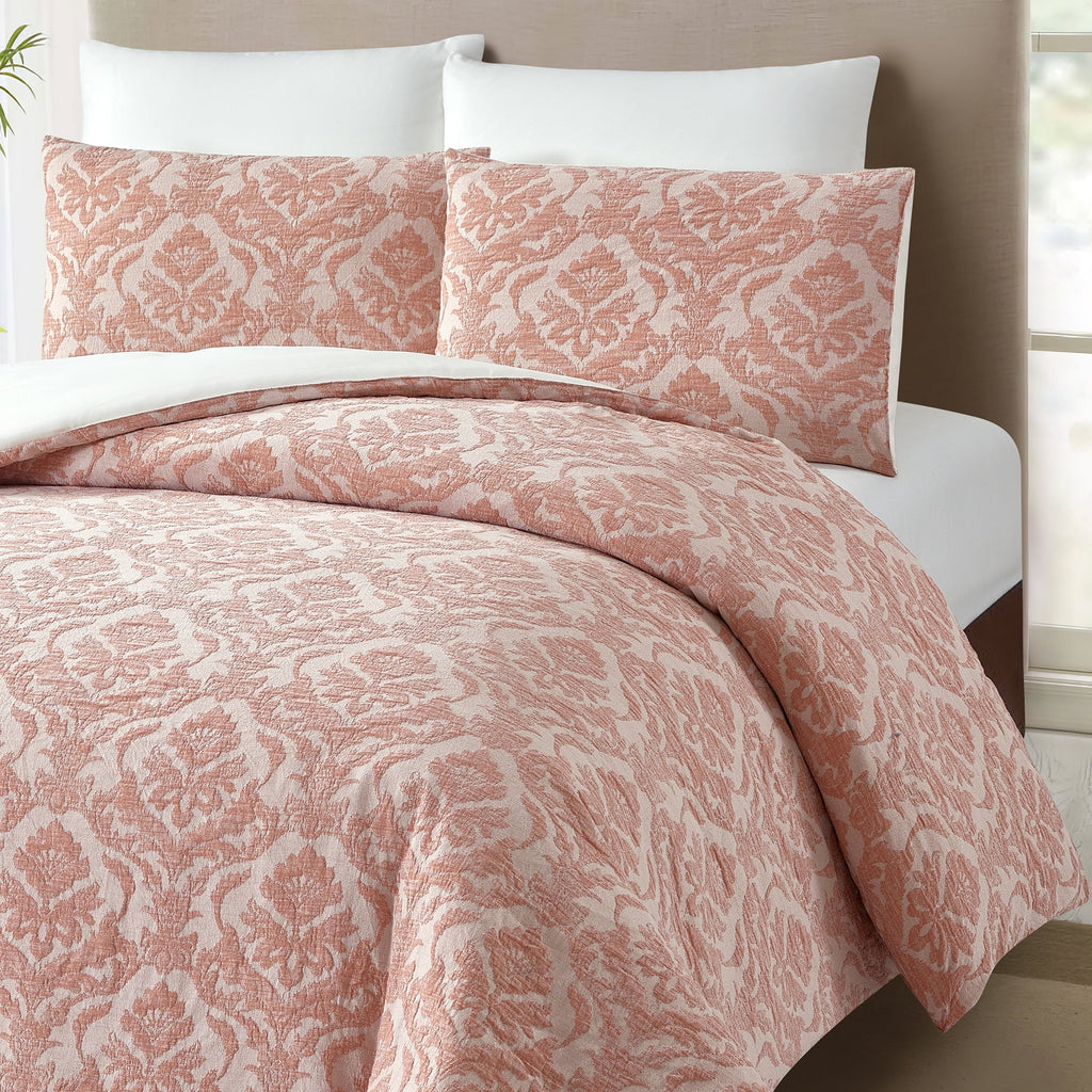 Fluffy Down Alternative Woven Damask 2-Piece Comforter Set, Blush, Full Queen, All Ages - Luxurious Quilted Duvet Cover Set Detail