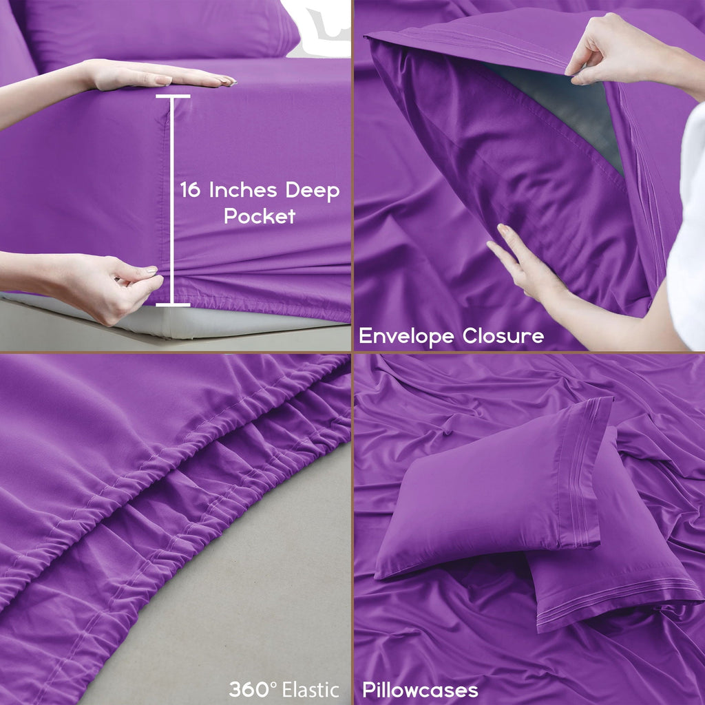 Premium Egyptian Cotton King Bed Sheets - 16 Inch Deep Pocket 6 Piece Microfiber Bedding Sheets & Pillowcase Sets - Purple - Cooling Hotel Quality Bedding Sheets and Pillowcases Detail