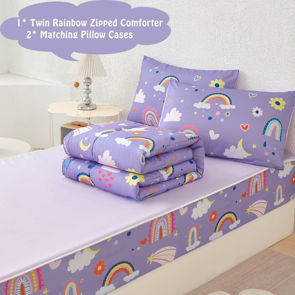 Heavyweight Warmth Zipper Kids Comforter Set, 3-Piece Purple Twin Bed in a Bag, Cartoon Rainbow Stars Flowers Printed Zip Up Comforter S... - Cloud-Like Soft Lightweight Bed Comforter Detail