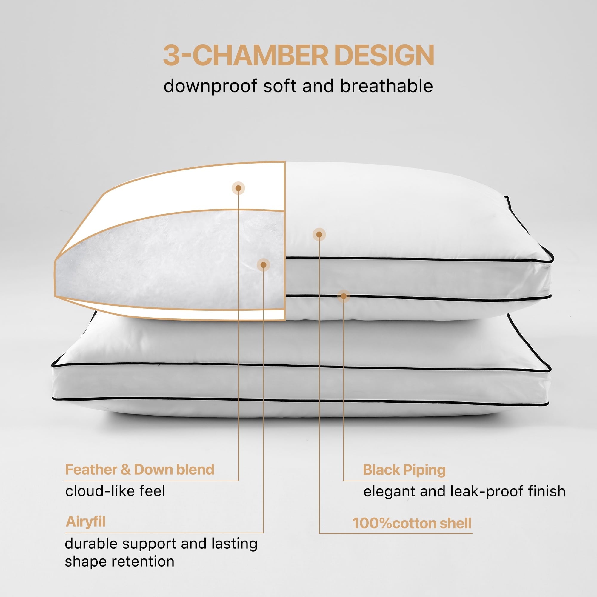 Hotel Collection Gusseted Feather Down Pillow Set of 2, Medium Firm Hotel Bed Pillows 2 Pack, Queen Size for Side Sleepers, 20 x 30 in - Ergonomic Memory Foam Pillow for Neck Pain Support Detail