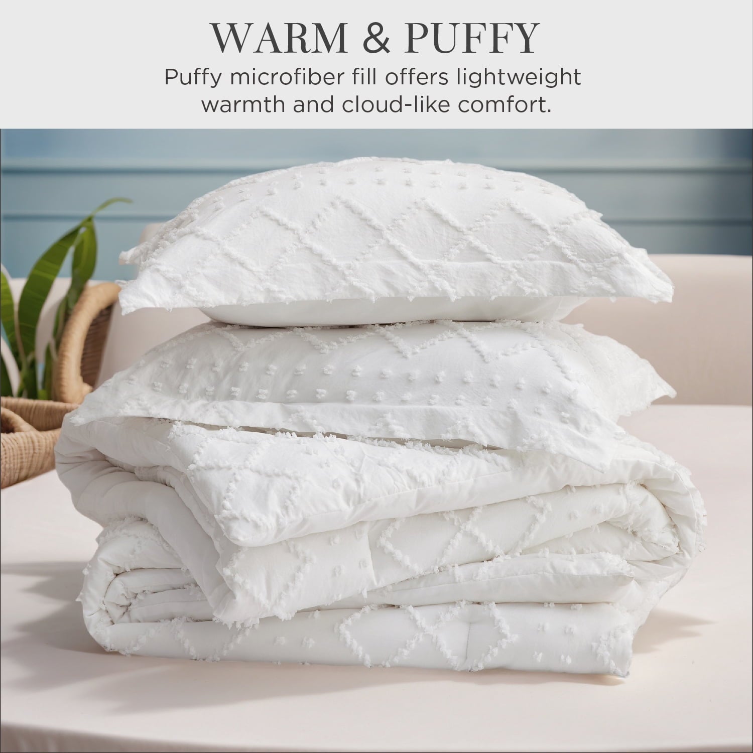 Fluffy Down Alternative Queen Comforter Set, Boho Tufted Shabby Chic Bedding Comforter Set, 3 Pieces Farmhouse Bed Set for All Seasons, White... - All-Season Down Alternative Comforter Insert Detail