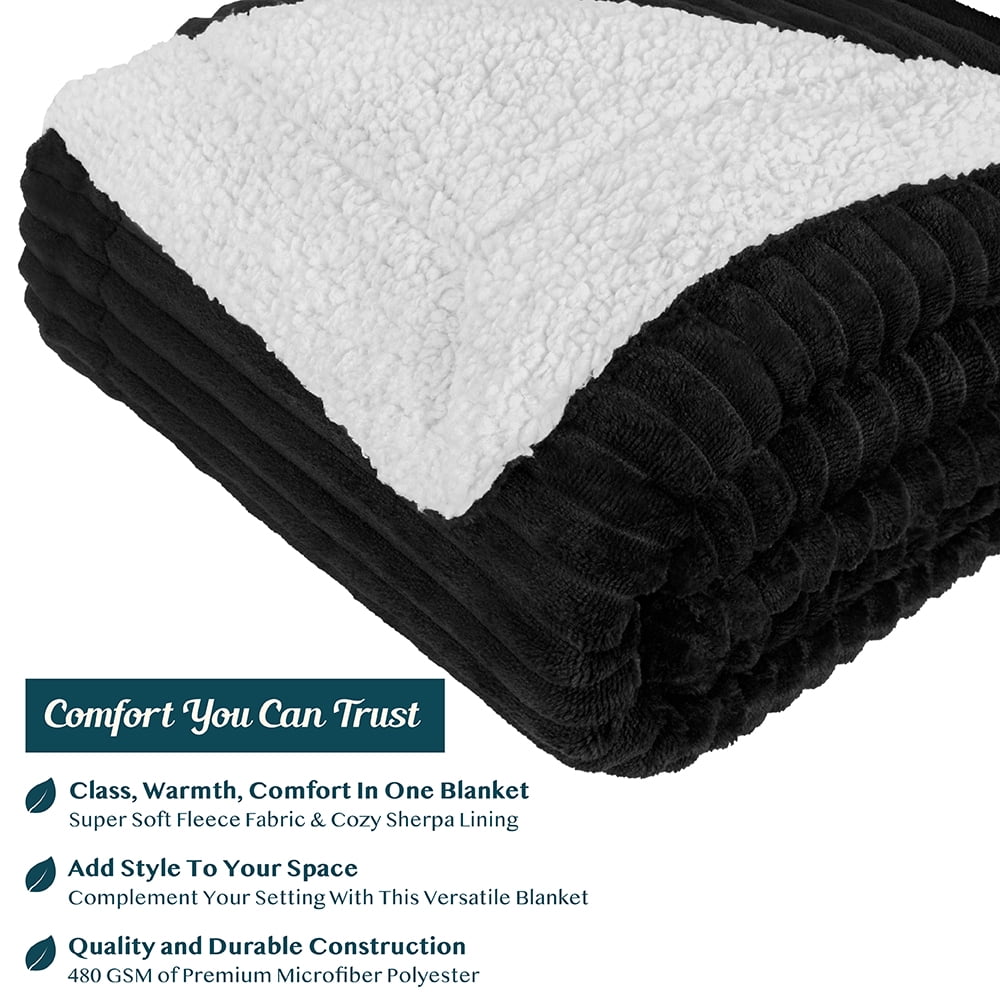 Super Soft Flannel Reversible Sherpa Fleece Throw Blanket Black, Plush Flannel Throw, Ultra Soft Warm Ribbed Microfiber Blanket for Sofa... - Lightweight Plush Warm Blanket for All Seasons Detail