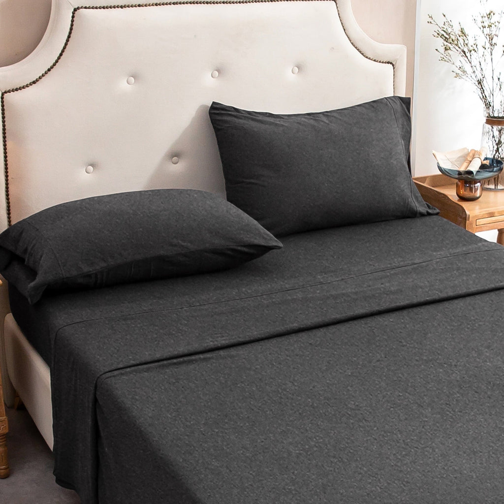 Ultra-Soft 100% Cotton Jersey Knit 4pc Bed Sheet Set Extra Deep Pocket up to 20" Charcoal Gray Queen - Cooling Hotel Quality Bedding Sheets and Pillowcases Detail