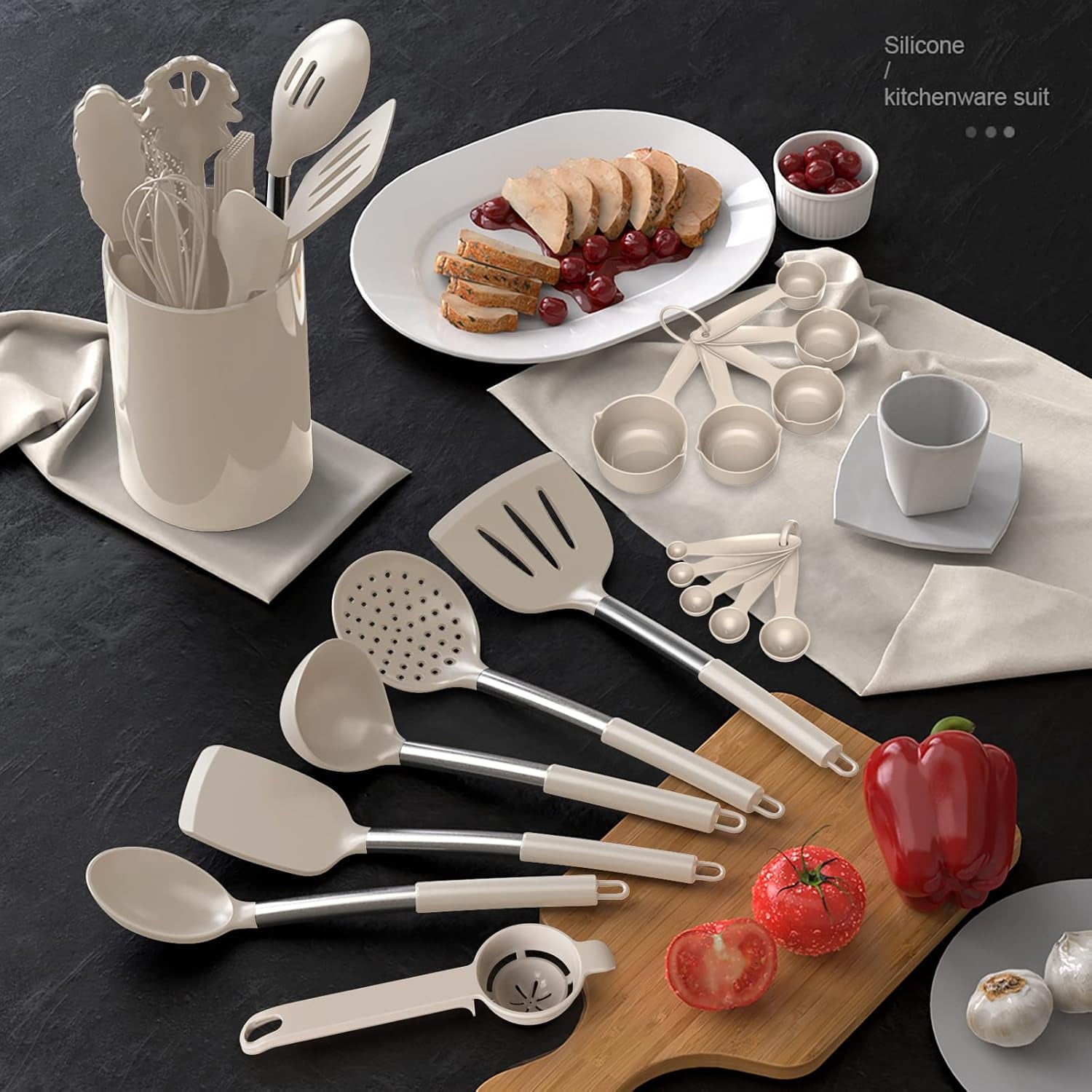 Heat-Resistant Large Silicone Cooking Utensils Set - Heat Resistant Kitchen Utensils,Turner Tongs,Spatula,Spoon,Brush,Whisk,Stainles... - Premium Stainless Steel Cooking Utensil for Non-Stick Pots Detail