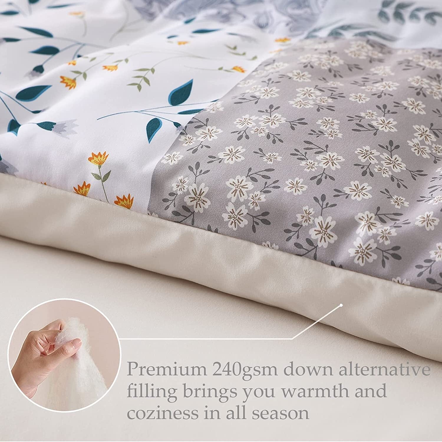 Hypoallergenic Cloud 3-Piece Queen Comforter Set, Soft Reversible Bedding Comforter Sets, Patchwork Printed Down Alternative Comforter Duv... - All-Season Down Alternative Comforter Insert Detail