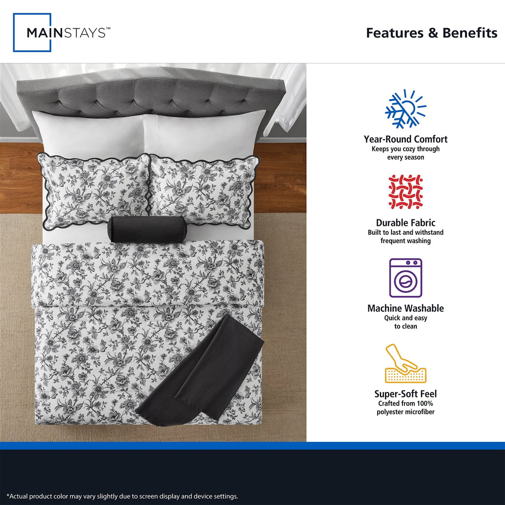 Hypoallergenic Cloud Floral Scallop 4-Piece White/Black Comforter Set, Twin/Twin XL - All-Season Down Alternative Comforter Insert Detail