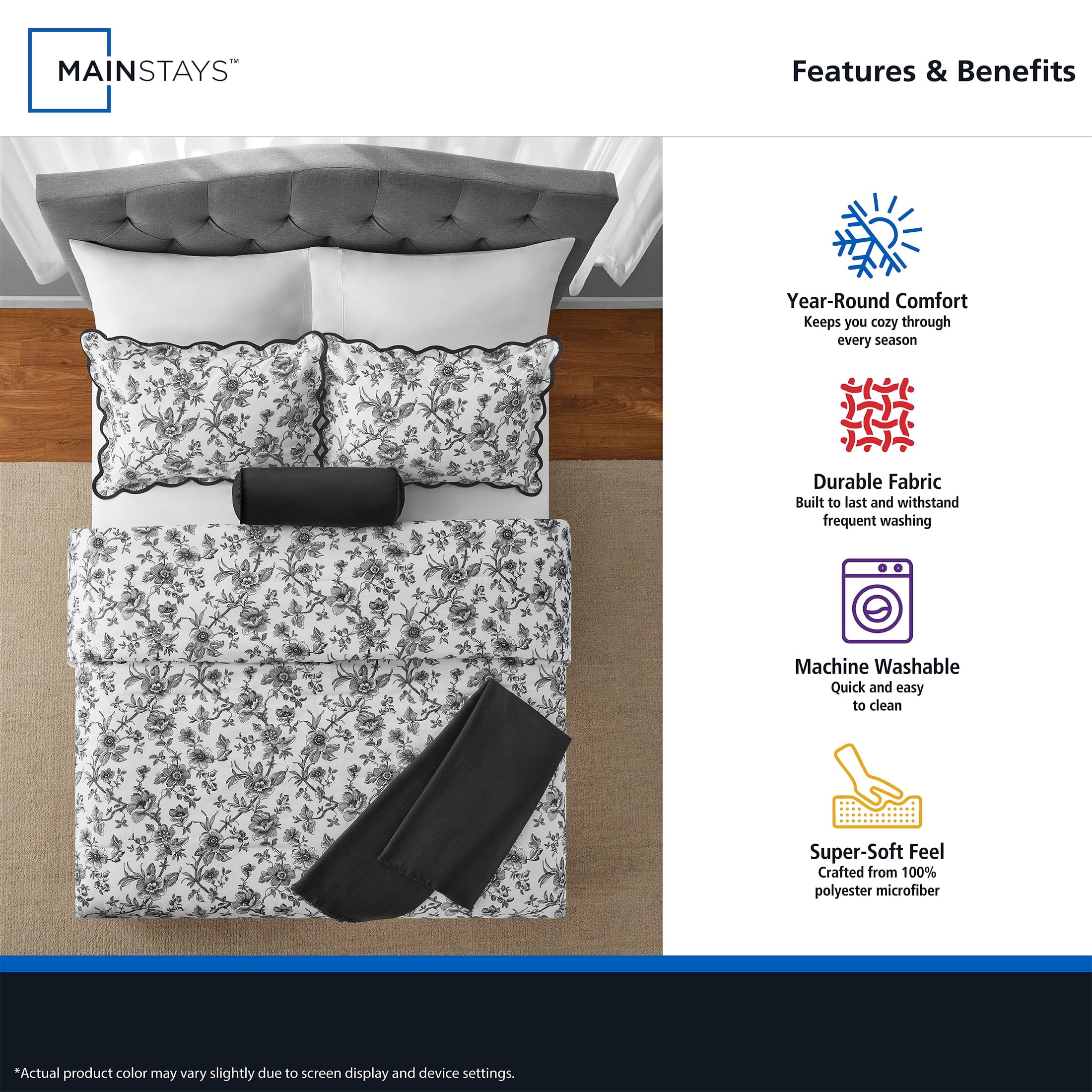 Hypoallergenic Cloud Floral Scallop 4-Piece White/Black Comforter Set, Twin/Twin XL - All-Season Down Alternative Comforter Insert Detail