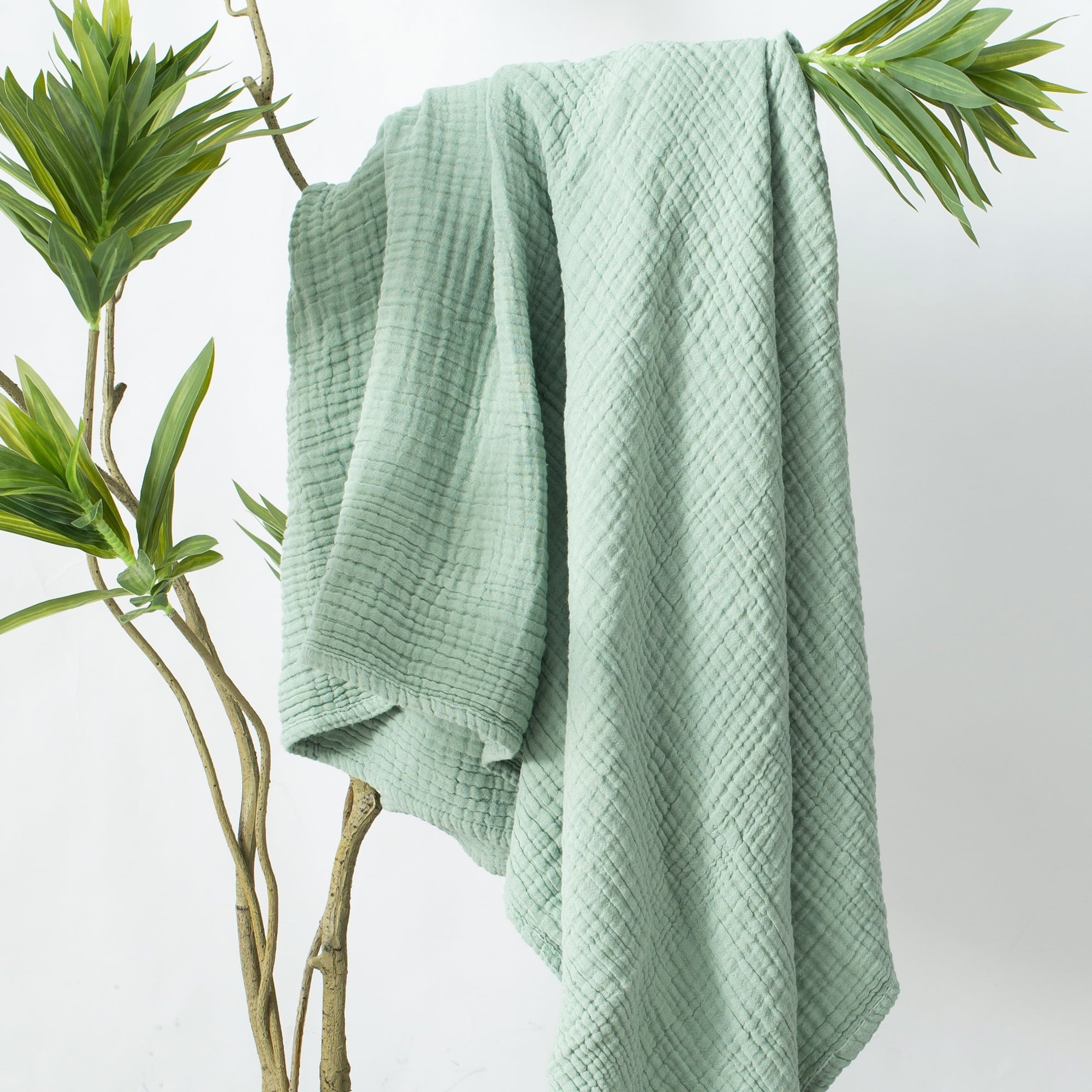 Lightweight Warm 100% Cotton Muslin Throw Blanket Gauze Blankets for Adults Soft Throws for Bed and Couch, 50" x 70" Sage Green - Super Soft Reversible Sherpa Flannel Blanket Detail