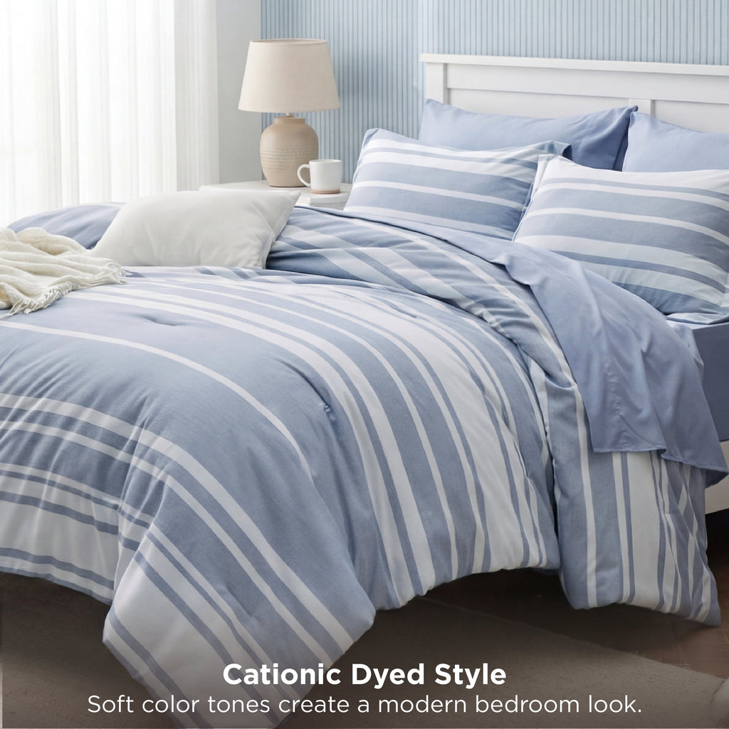 Luxurious Quilted Queen Comforter Set Blue, Bed in a Bag Queen Size Bedding 7-Pieces, Striped Bedding Set for All Seasons - All-Season Down Alternative Comforter Insert Detail