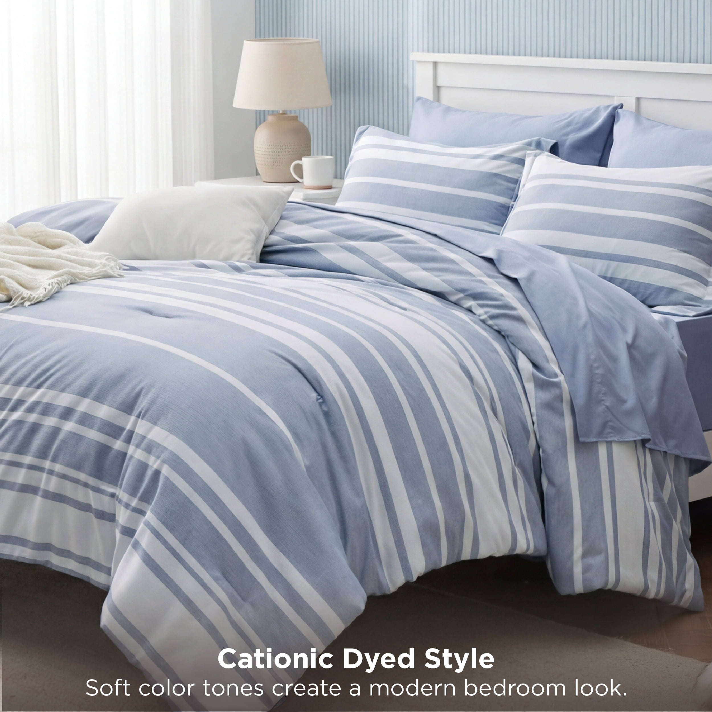 Luxurious Quilted Queen Comforter Set Blue, Bed in a Bag Queen Size Bedding 7-Pieces, Striped Bedding Set for All Seasons - All-Season Down Alternative Comforter Insert Detail