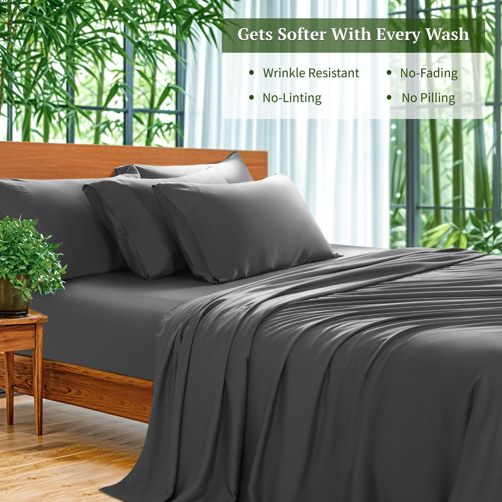 Breathable Luxury 6 Pieces Bamboo Bed Sheets Set, Luxury Rayon Derived - Deep Pockets - Wrinkle Free - Extremely Soft, Queen, Dark Gray - Breathable Egyptian Cotton Flat & Fitted Sheets Detail