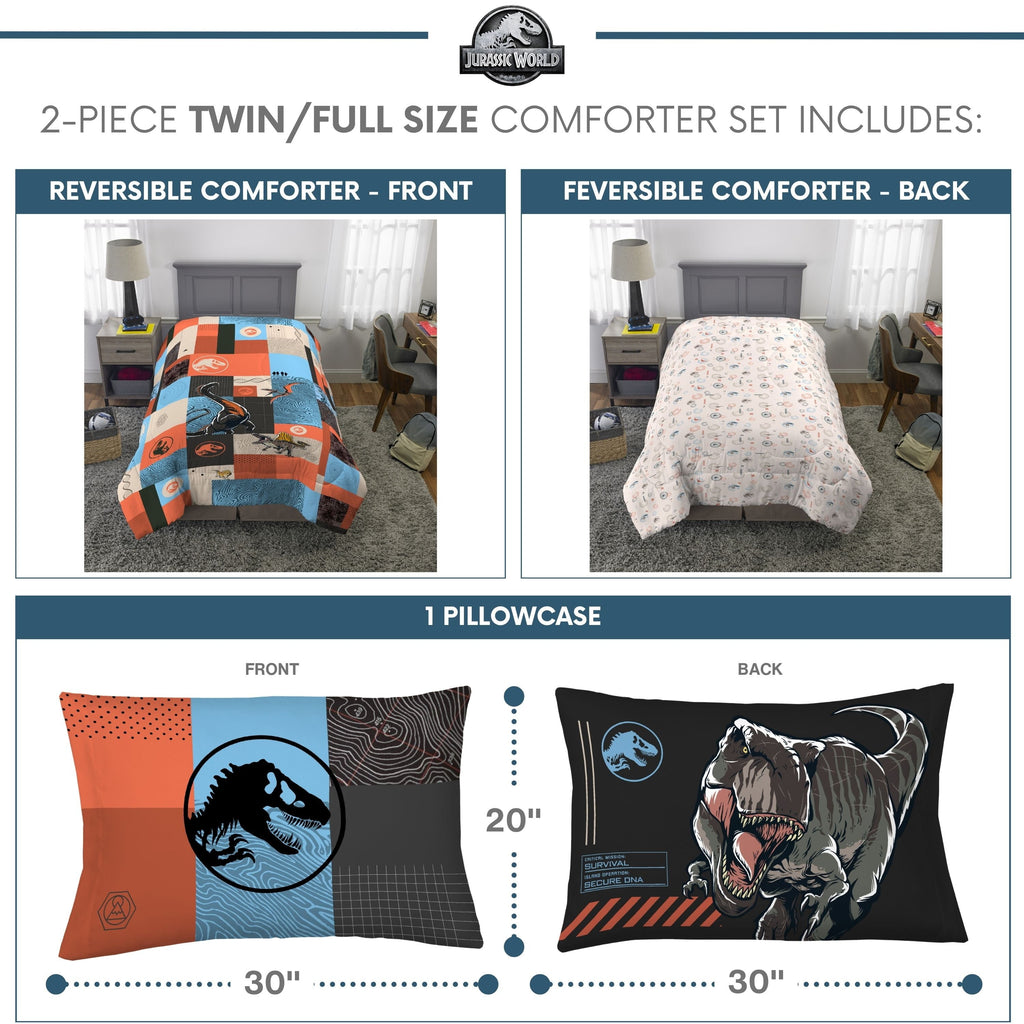 Luxurious Quilted Kids 2 Piece Blue Orange Reversible Dinosaur Comforter and Pillowcase set, Twin/full - Hypoallergenic Ultra-Fluffy Quilt for Winter Detail