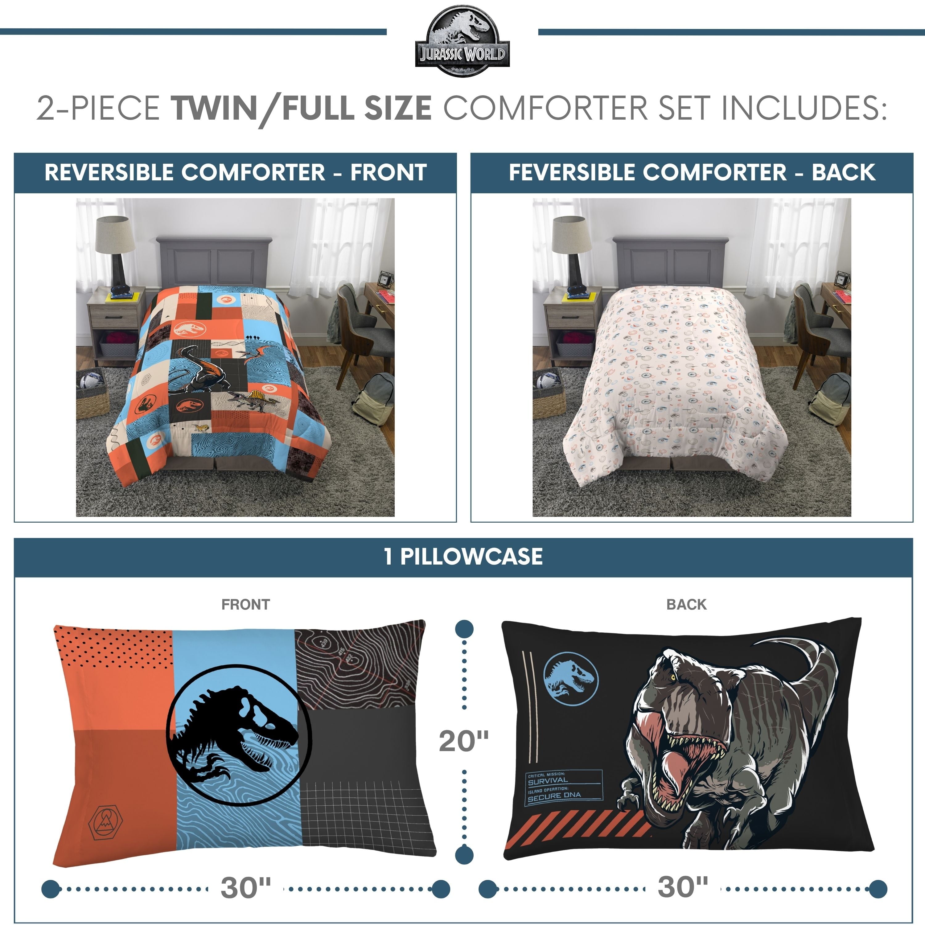 Luxurious Quilted Kids 2 Piece Blue Orange Reversible Dinosaur Comforter and Pillowcase set, Twin/full - Hypoallergenic Ultra-Fluffy Quilt for Winter Detail