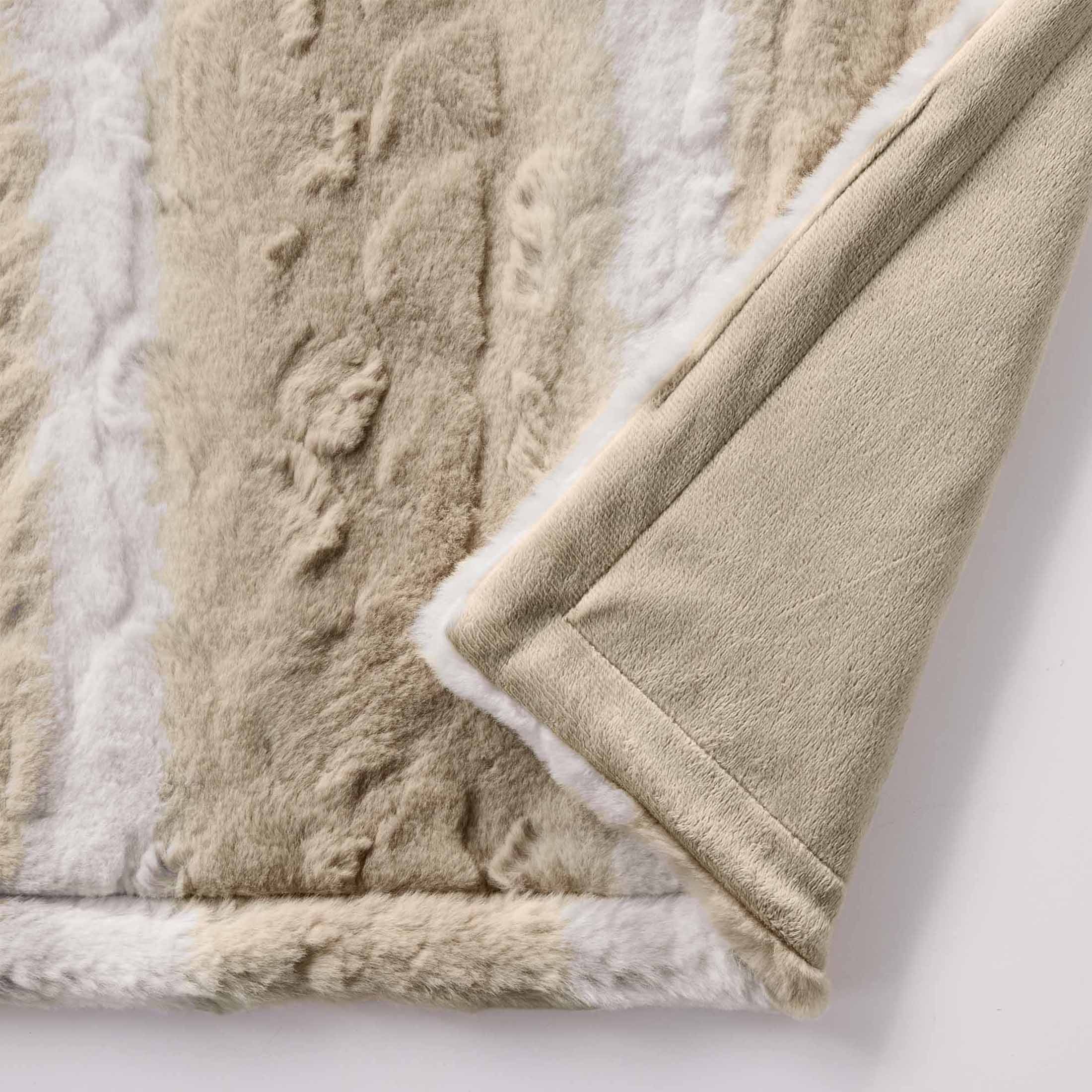 Decorative Knitted Almond Biscuit Ombre Faux Fur Throw, 50"x72" - Luxury Knitted Decorative Throw Blanket with Fringes Detail