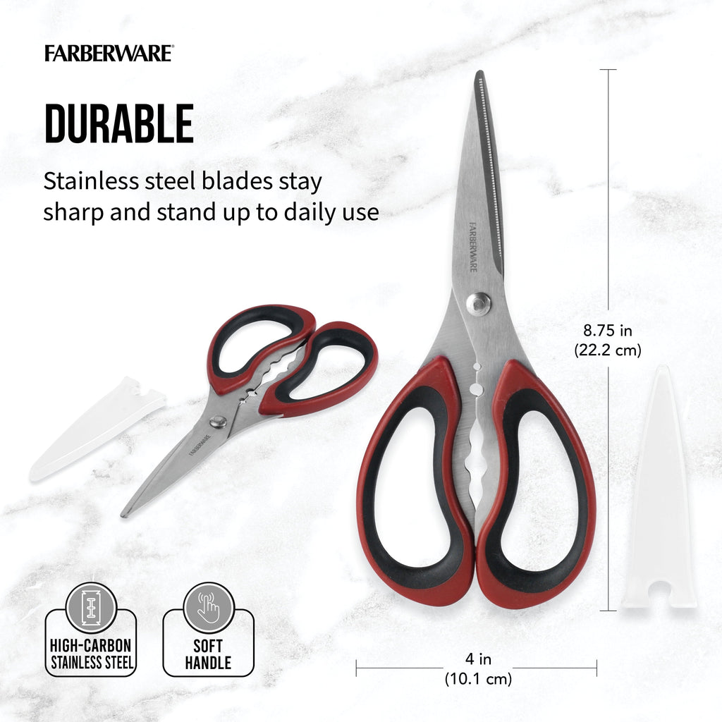 Multi-Functional Stainless Steel Kitchen and Herb Shears with Red and Black Handle - Premium Stainless Steel Garlic Presser & Peeler Detail