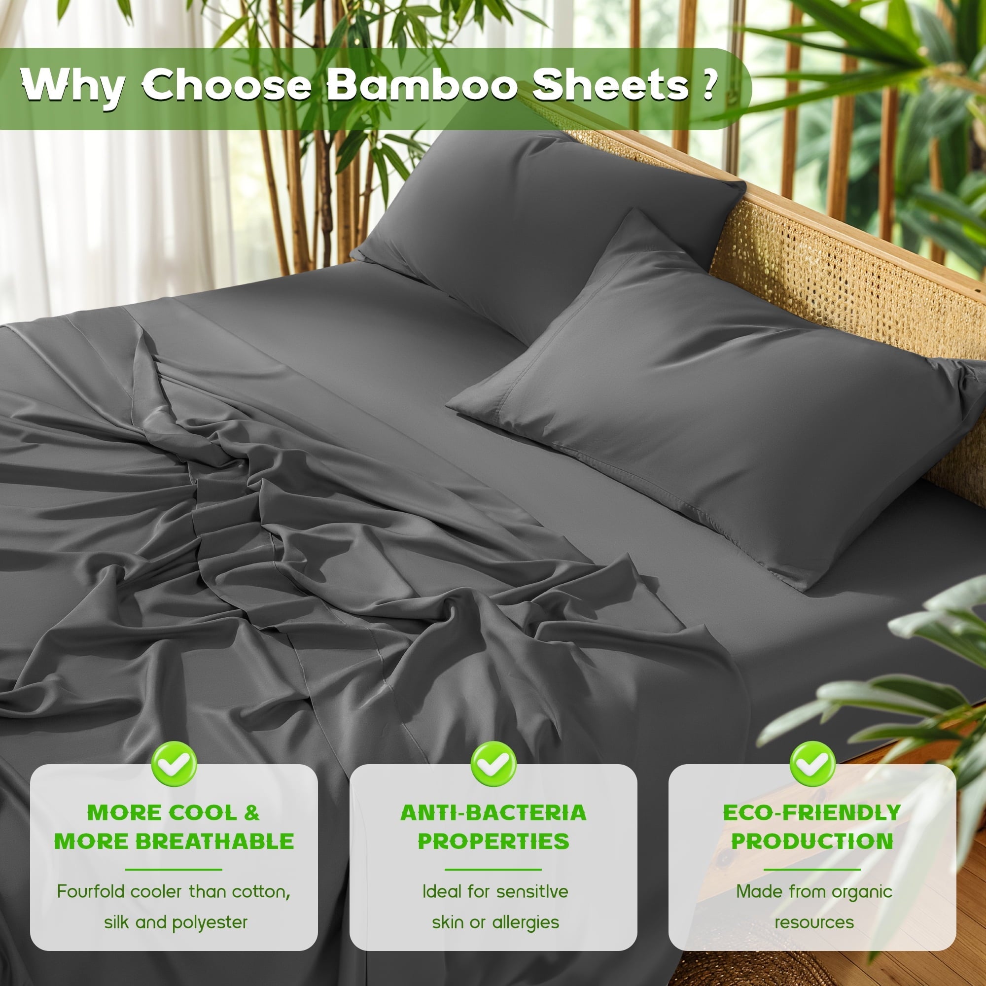 Wrinkle-Resistant Luxury Bamboo Bed Sheet Set - Deep Pockets - 4 Piece, Queen, Dark Gray - Premium Ultra-Soft Pillowcase Pair for Sleeping Detail