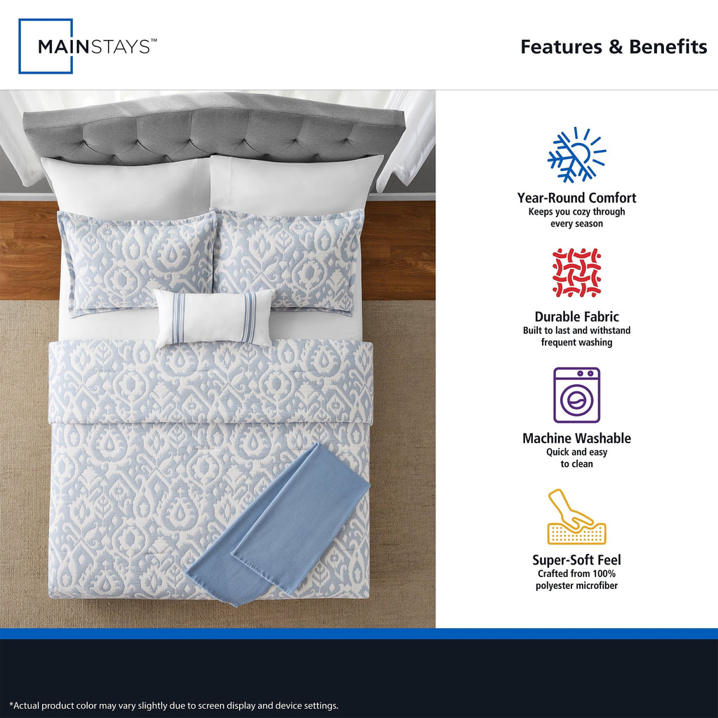 Luxurious Quilted Full/Queen Comforter Set, All-Season, 5-Piece, Blue Matelasse Ikat - Luxurious Quilted Duvet Cover Set Detail