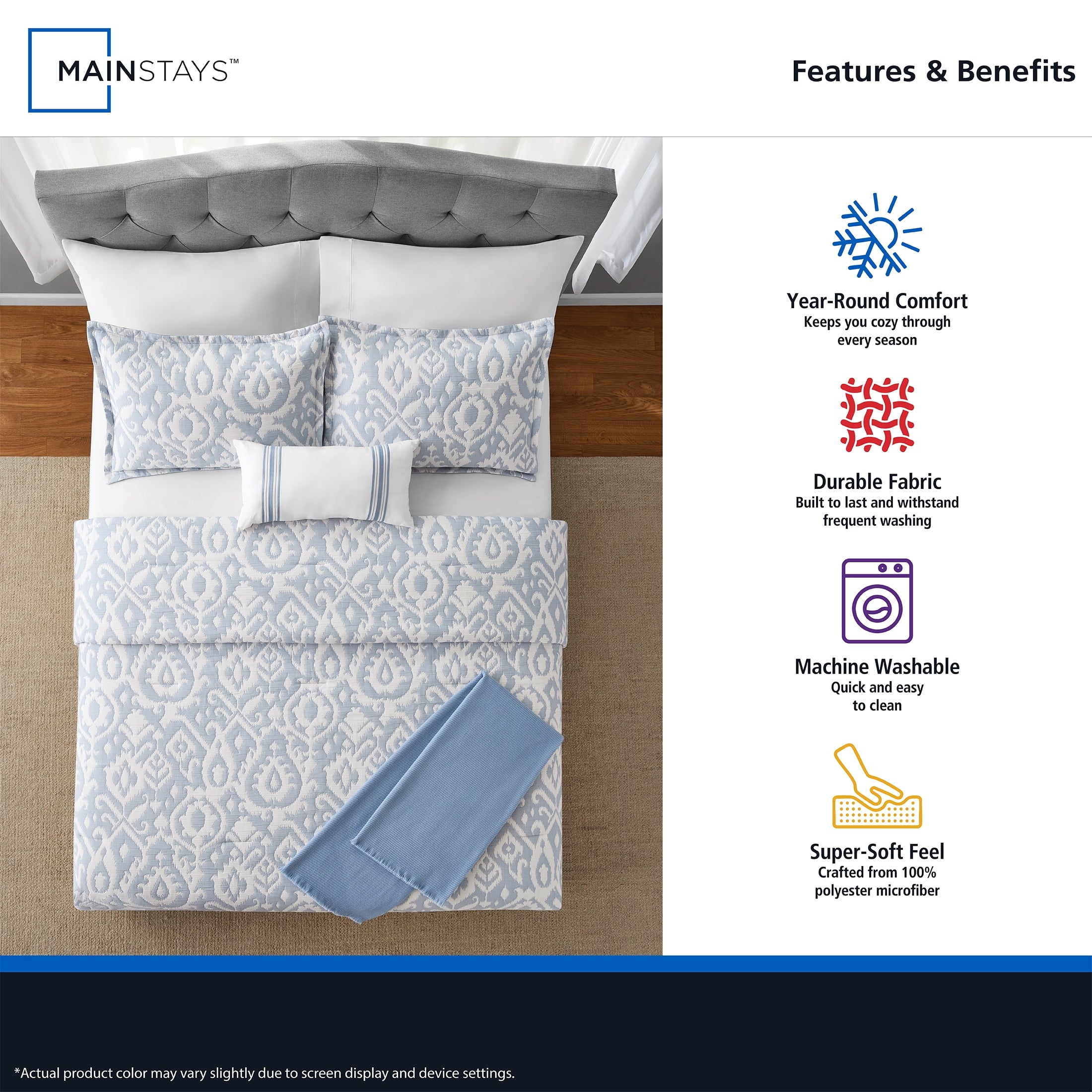 Luxurious Quilted Full/Queen Comforter Set, All-Season, 5-Piece, Blue Matelasse Ikat - Luxurious Quilted Duvet Cover Set Detail