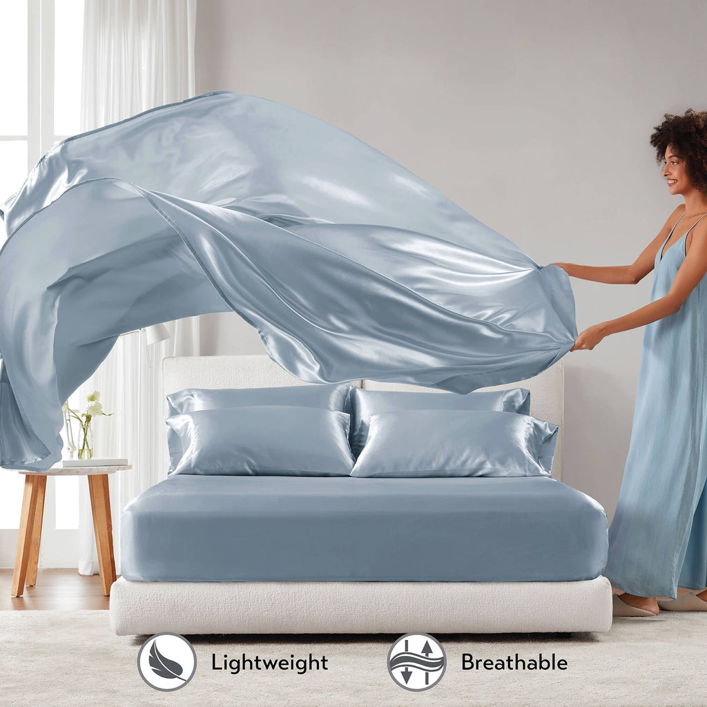 Breathable Luxury Satin Sheet Set, Twin Bed Sheets with Pillowcases, 4-Piece Luxury Silky Sheet Set, Blue, Gifts for Women - Luxury Bed Sheet Set with Deep Pockets Detail