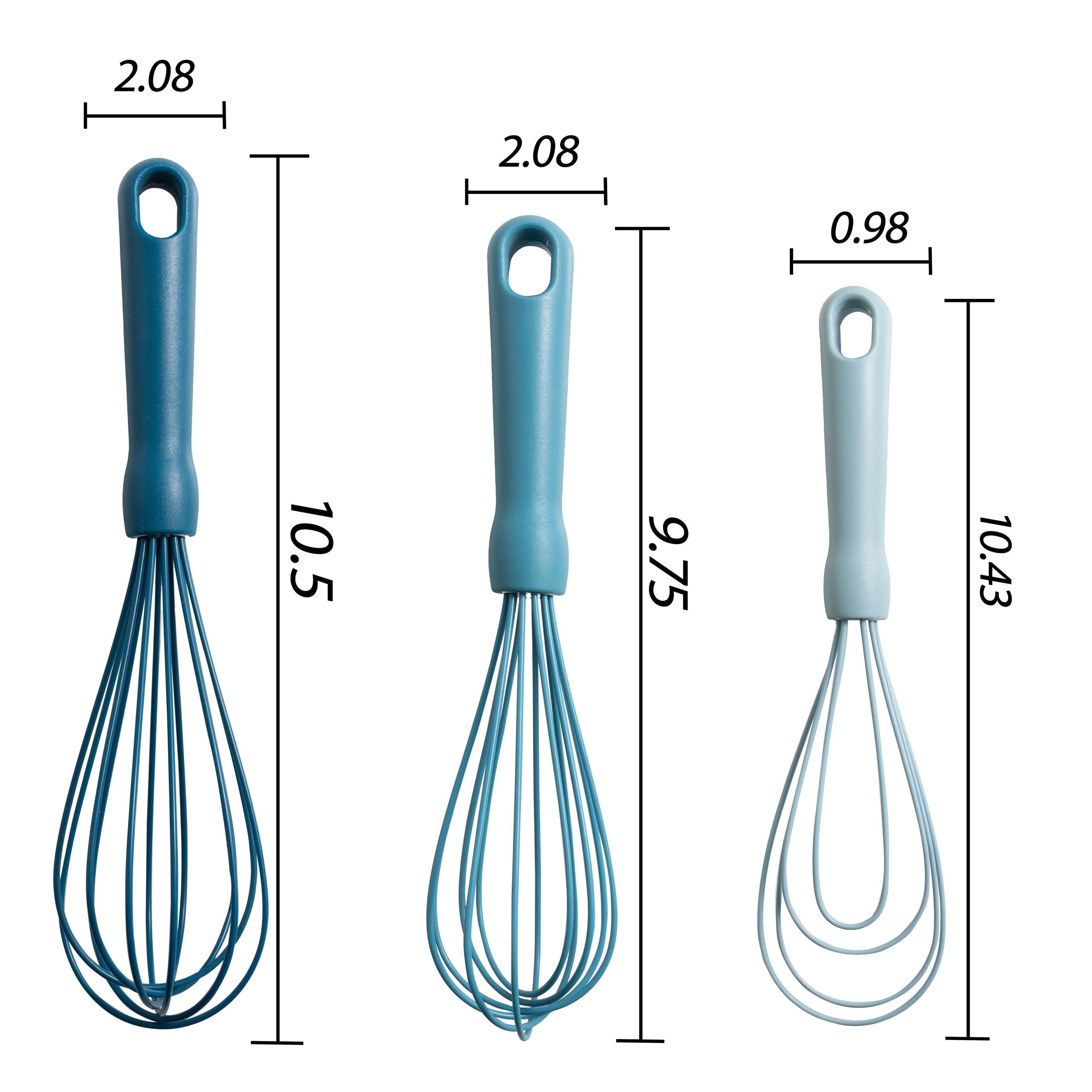 Multi-Functional 3-Piece Silicone Whisk Set, 10.5"/10.4"/9.6" L, Blue Color - Kitchen Gadget Tool for Quick Food Prep Detail