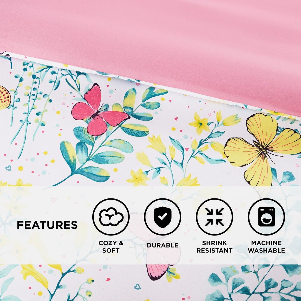 Fluffy Down Alternative Full/Queen Size Comforter Sets, 4-Piece Kids Bedding Set for Girls, Butterfly Floral Comforter Bed Set, White/Pink - Luxurious Quilted Duvet Cover Set Detail