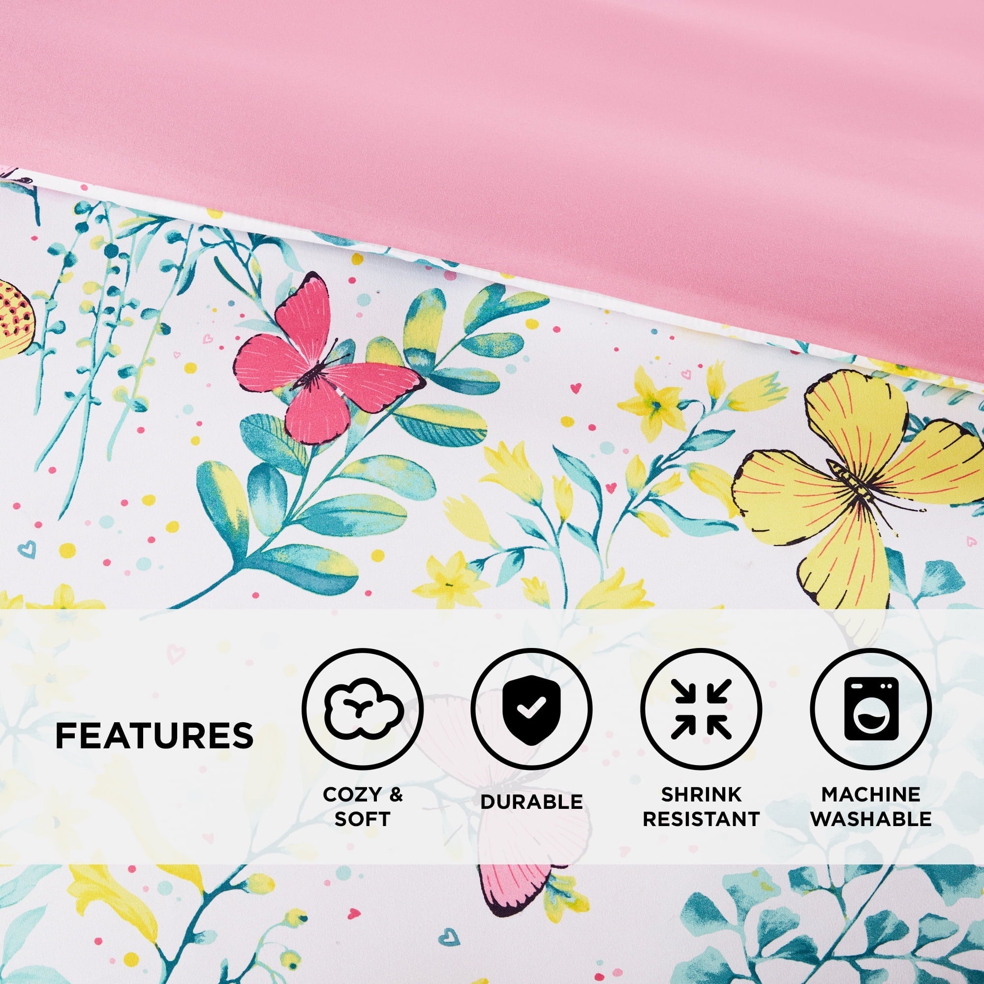Fluffy Down Alternative Full/Queen Size Comforter Sets, 4-Piece Kids Bedding Set for Girls, Butterfly Floral Comforter Bed Set, White/Pink - Luxurious Quilted Duvet Cover Set Detail