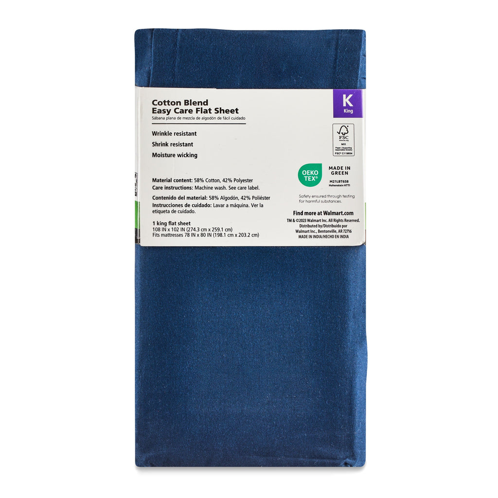 Cooling Sateen 300 Thread Count Easy Care Blue Cove Cotton Blend Percale Flat Bed Sheet, King - Breathable Egyptian Cotton Flat & Fitted Sheets Detail