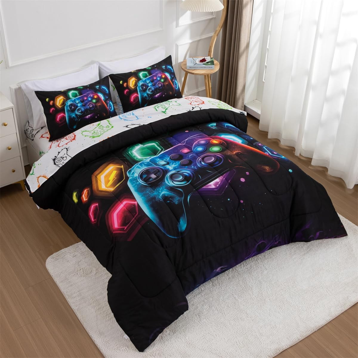 All-Season Game Console Comforter Set for Boys Girls Kids Space Universe Gaming Geometric Lightweight Microfiber Gamer Bedding S... - Luxurious Quilted Duvet Cover Set Detail