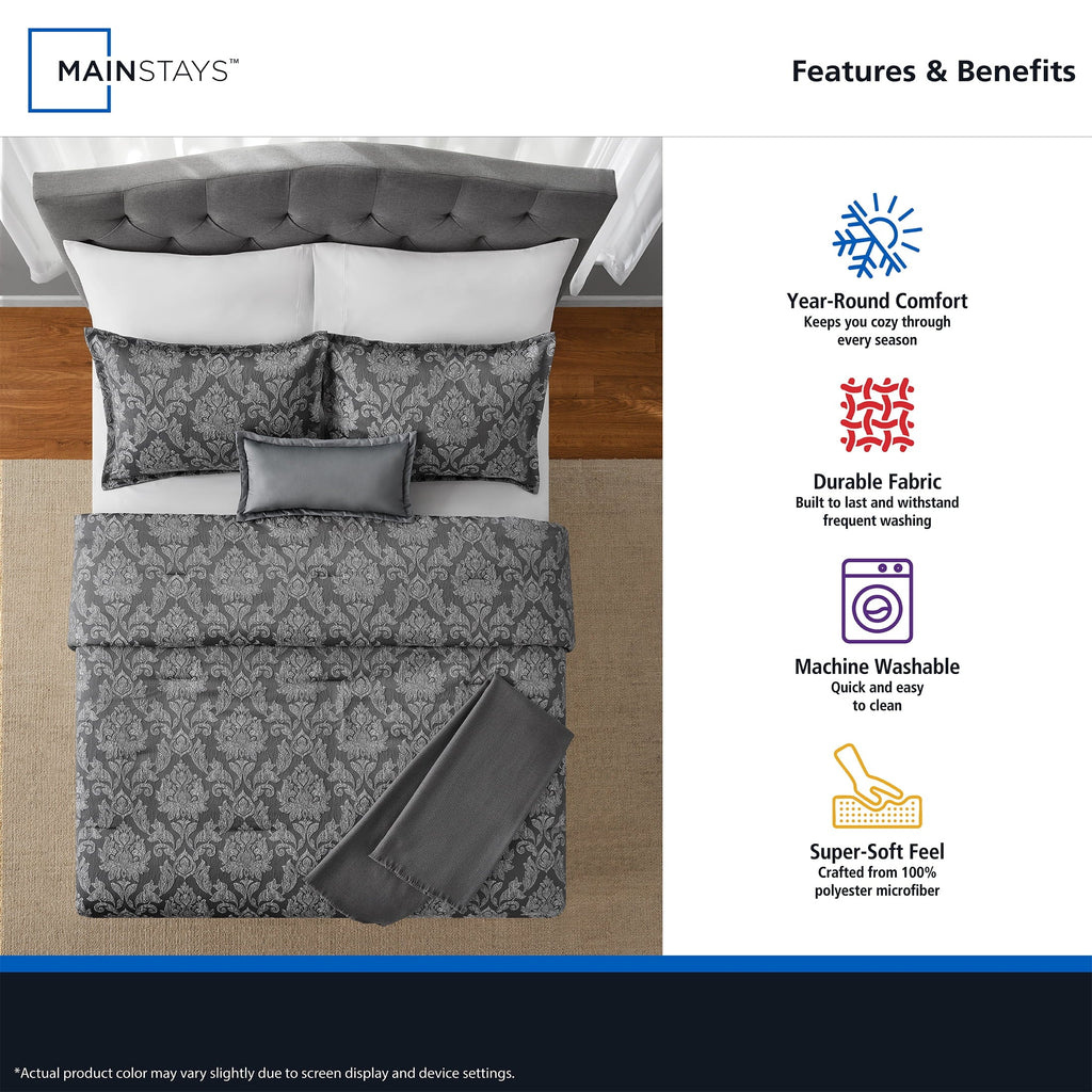 All-Season Full/Queen Comforter Set, All-Season, 5-Piece, Grey Jacquard Damask - Luxurious Quilted Duvet Cover Set Detail
