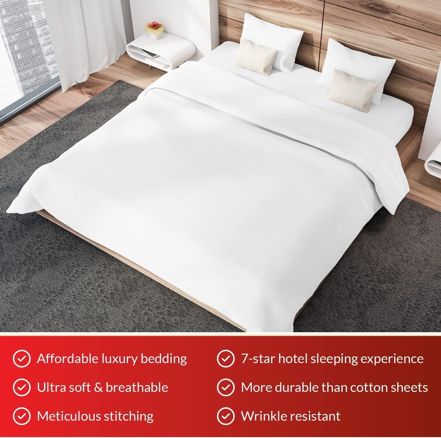 Ultra-Soft Sheet Set of 4, 16-inch Deep Pocket - Microfiber Bed Sheets, White - Breathable Egyptian Cotton Flat & Fitted Sheets Detail