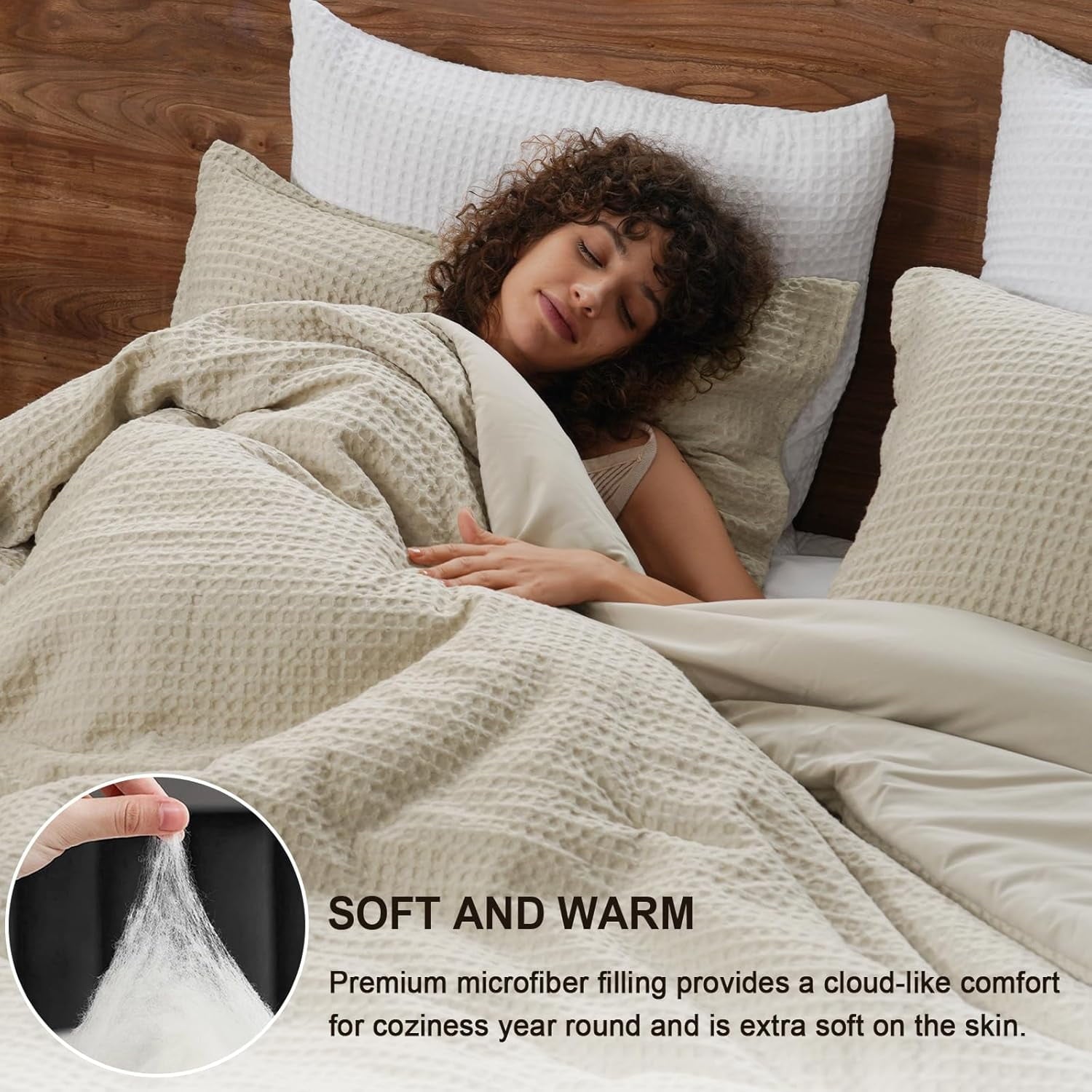 Fluffy Down Alternative 3-Piece Waffle Weave Comforter Set Queen Size, Lightweight Comfy Bedding Set for All Season, Ultra Soft Textured 1 Co... - All-Season Down Alternative Comforter Insert Detail
