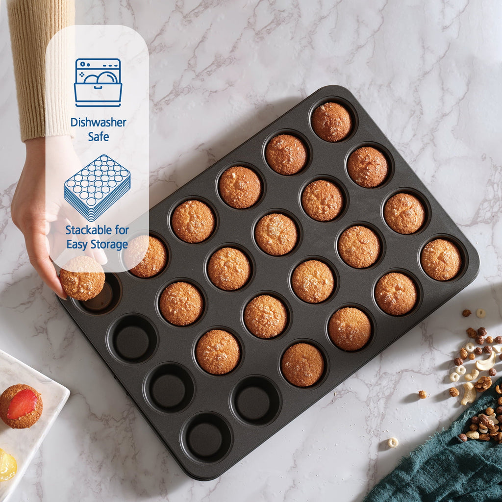 Ergonomic Manual 24 Cavity Mini Muffin Pan, Non-Stick Bakeware,1.8 inch Diameter Cups,Gray,Carbon Steel - Kitchen Gadget Tool for Quick Food Prep Detail