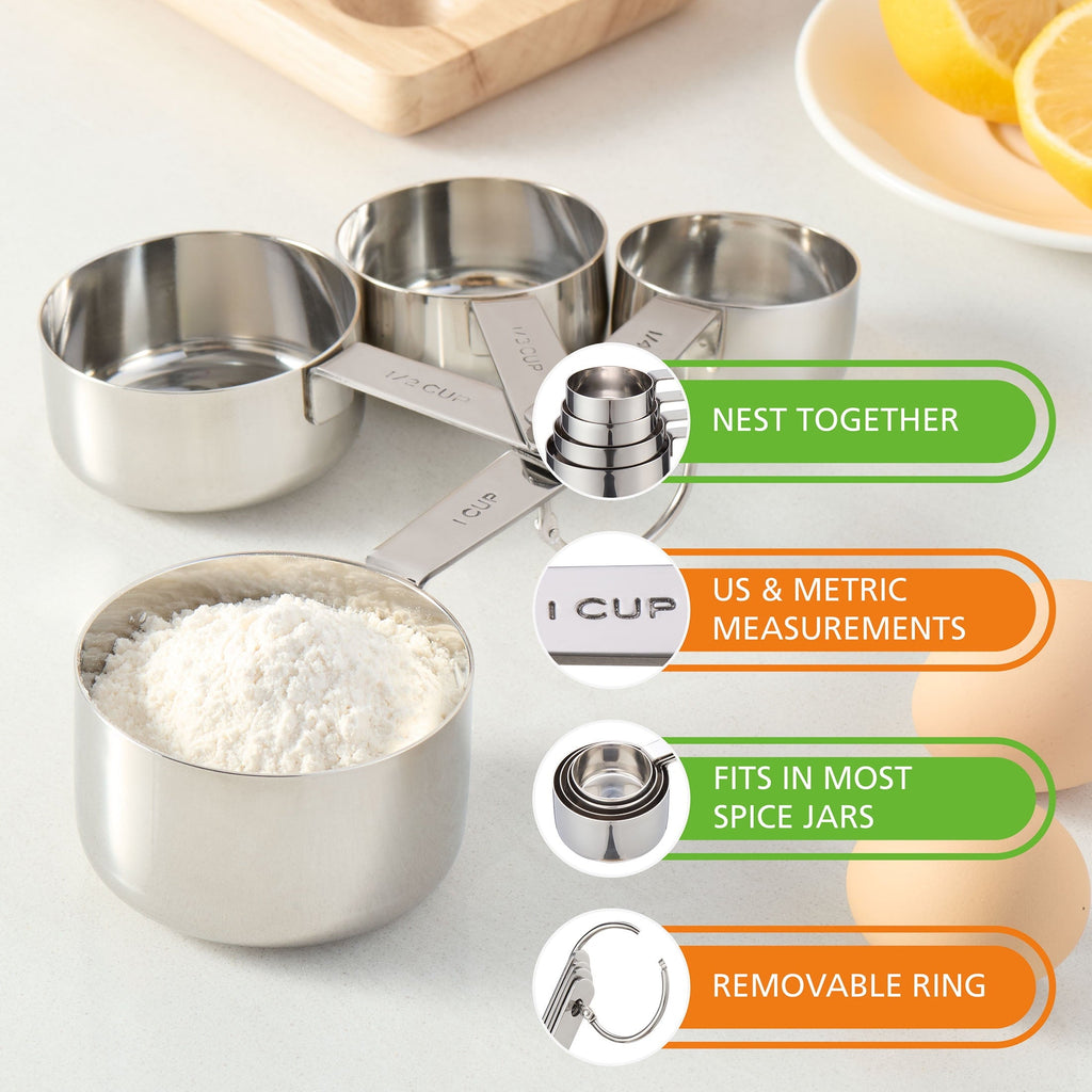 Ergonomic Manual Kitchen Stainless Steel 4-Piece Nesting Measuring Cups - Kitchen Gadget Tool for Quick Food Prep Detail
