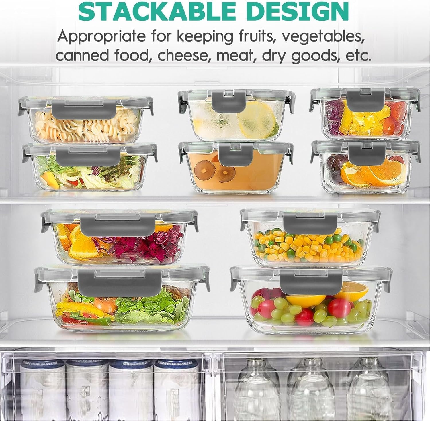 Playful Geometric 34pcs Glass Food Storage Containers with Lids Set, Airtight Meal Prep Containers (17 Containers & 17 Lids), Grey - Playful Star & Heart Shaped Geometric NeeDoh Detail