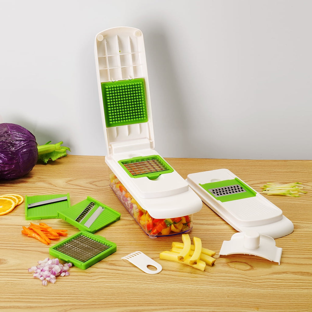 Innovative 11 Pieces Multi-Function Nice Dicer and Mandoline, Stainless Steel, Green Glaze, 820g - Premium Stainless Steel Garlic Presser & Peeler Detail