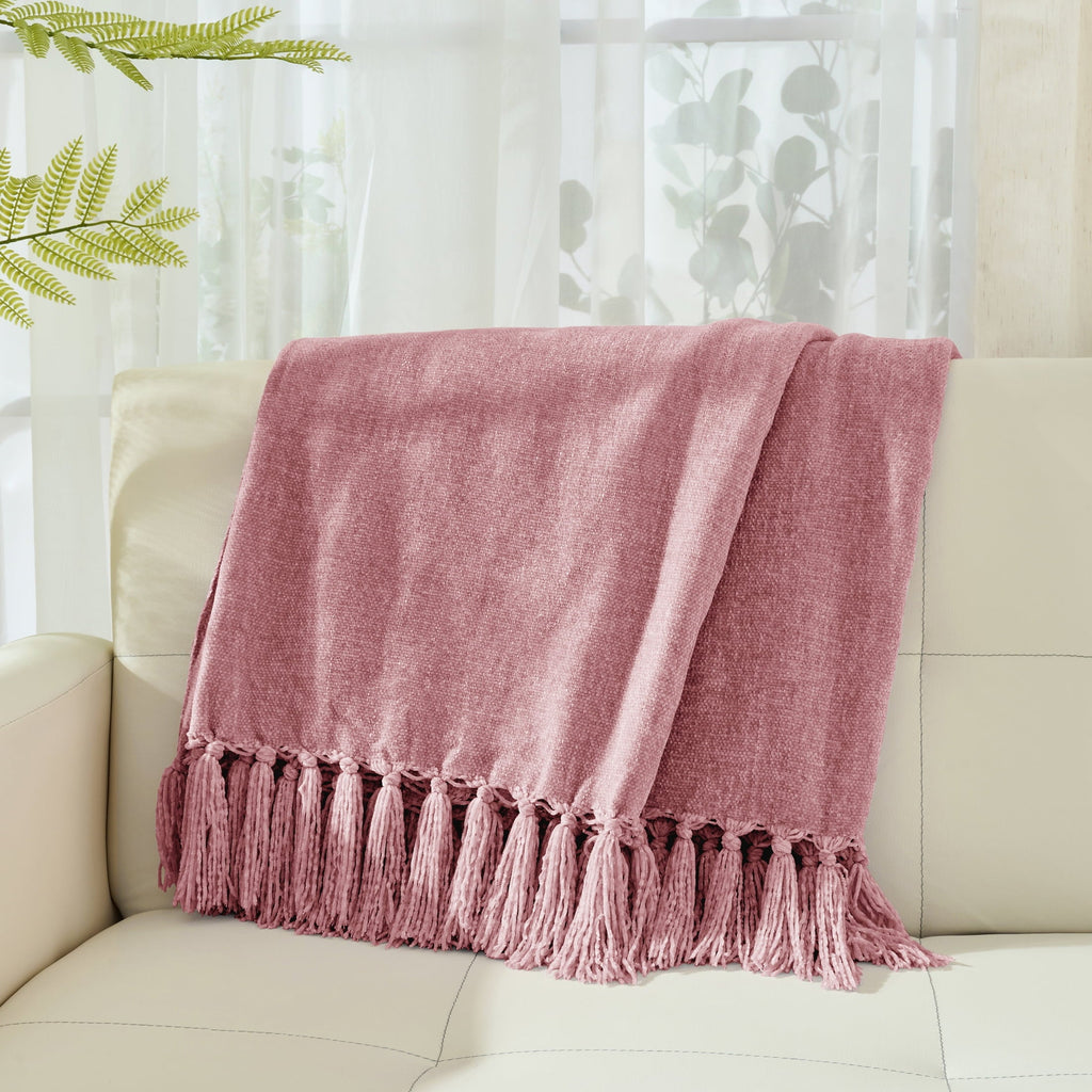 Lightweight Warm Chenille Throw Blanket with Fringe Tassel for Couch Sofa Chair Bed, Mauve 50" X 70" - Lightweight Plush Warm Blanket for All Seasons Detail