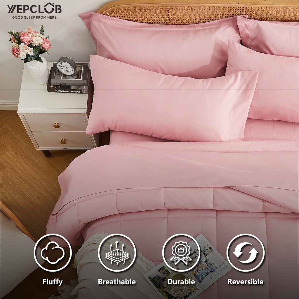 Hypoallergenic Cloud 7-Piece Queen Size Comforter Set,Pink Reversible Bed in a Bag,All Season Solid Bedding Set with Sheets,Pillowcases & ... - All-Season Down Alternative Comforter Insert Detail