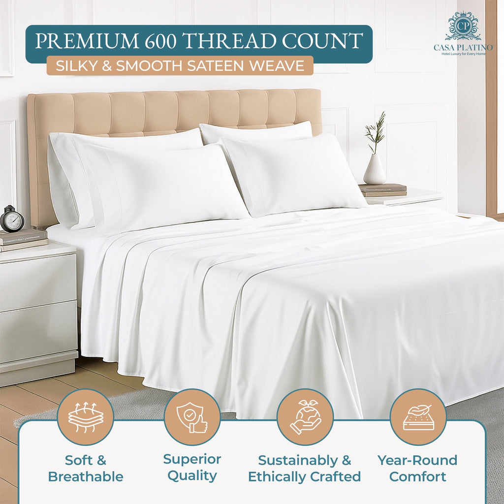 Cooling Sateen Bed Sheets Set – 6 Piece, 600 Thread Count, 100% Cotton Sheets, Hotel Luxury Sateen Finish, 15" Deep Pocket, Easy to ... - Luxury Bed Sheet Set with Deep Pockets Detail