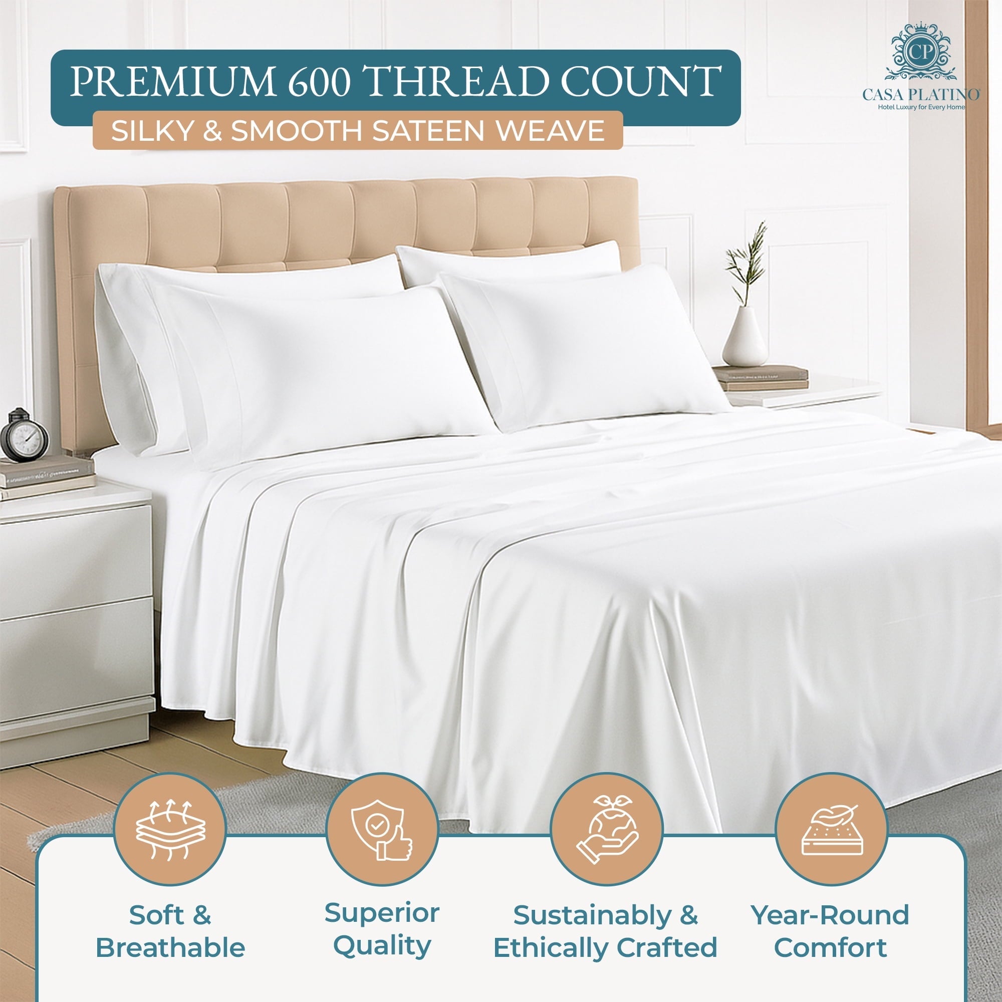 Cooling Sateen Bed Sheets Set – 6 Piece, 600 Thread Count, 100% Cotton Sheets, Hotel Luxury Sateen Finish, 15" Deep Pocket, Easy to ... - Luxury Bed Sheet Set with Deep Pockets Detail