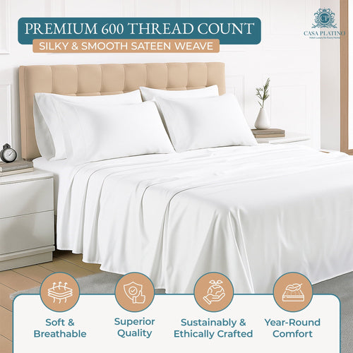 Cooling Sateen Bed Sheets Set – 6 Piece, 600 Thread Count, 100% Cotton Sheets, Hotel Luxury Sateen Finish, 15" Deep Pocket, Easy to ... - Luxury Bed Sheet Set with Deep Pockets Detail