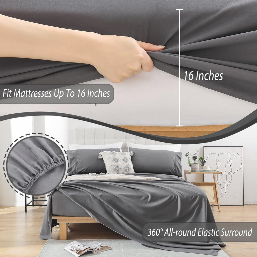 Wrinkle-Resistant Size, Microfiber Cooling , Breathable & Hypoallergenic 4 Pieces Luxury Soft Sheet Set, Mattress Fitted up... - Breathable Egyptian Cotton Flat & Fitted Sheets Detail
