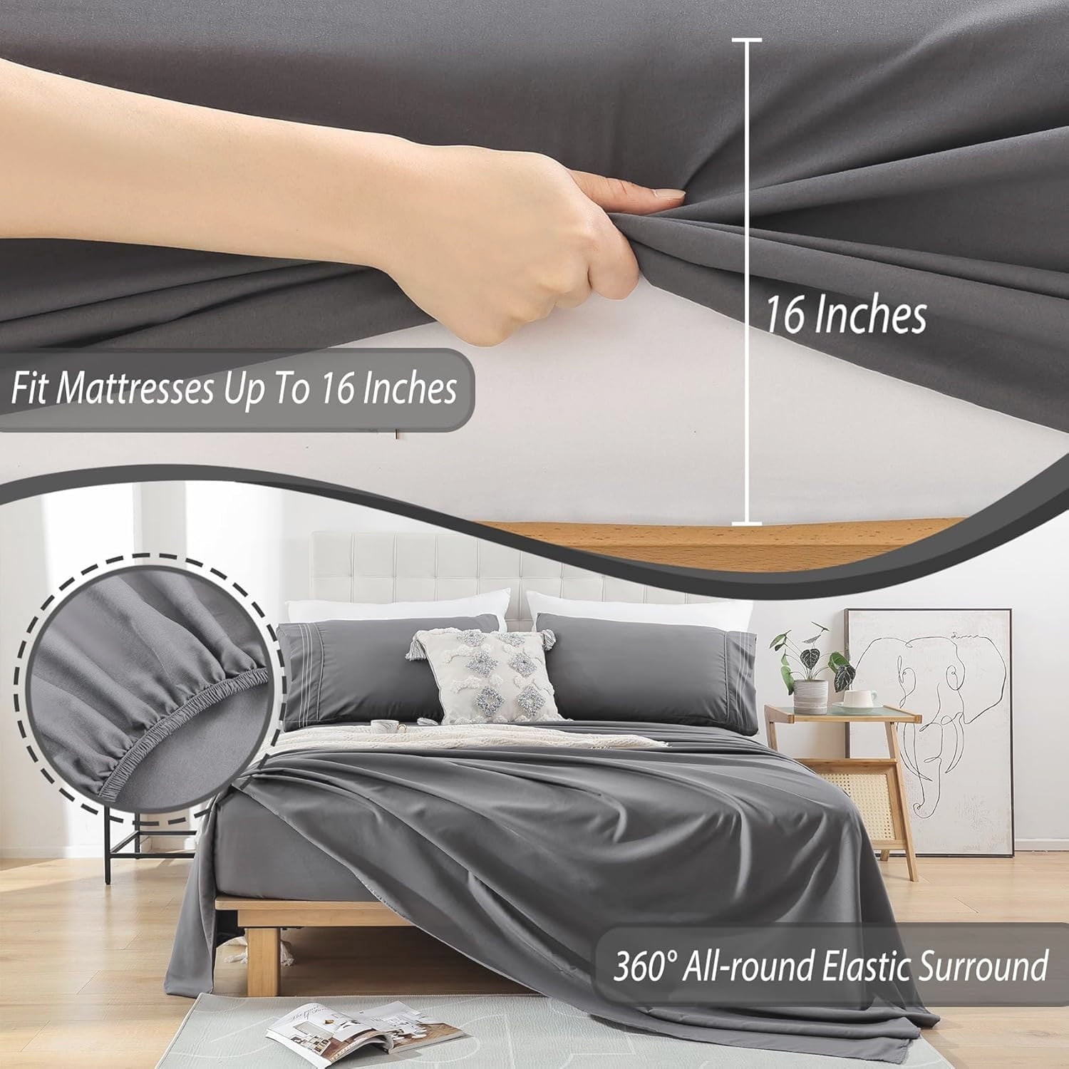 Wrinkle-Resistant Size, Microfiber Cooling , Breathable & Hypoallergenic 4 Pieces Luxury Soft Sheet Set, Mattress Fitted up... - Breathable Egyptian Cotton Flat & Fitted Sheets Detail
