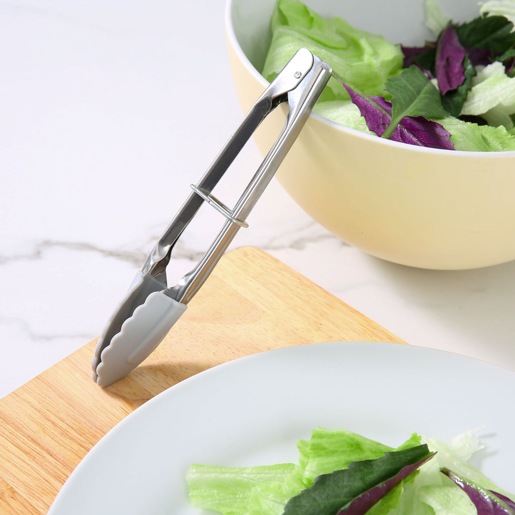 Chef-Quality Stainless Steel and Silicone Mini Food Tongs Grey - High-Precision Culinary Tool for Baking & Cooking Detail