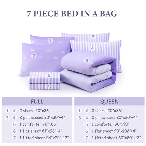 All-Season gold foil Design 7-piece Bed in a Bag Comforter Set with Sheets,Purple/Silver Butterflies,Full - Luxurious Quilted Duvet Cover Set Detail